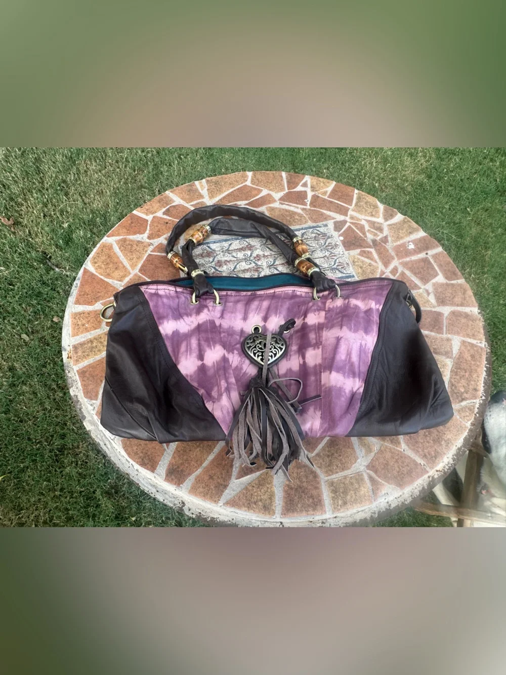 Vintage SHARIF New York Purple Tie-Dye Leather Hobo Bag with Heart Charm